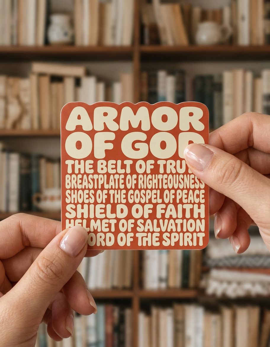 Person holding a sticker with 'Armor of God' verse text in front of a bookshelf.
