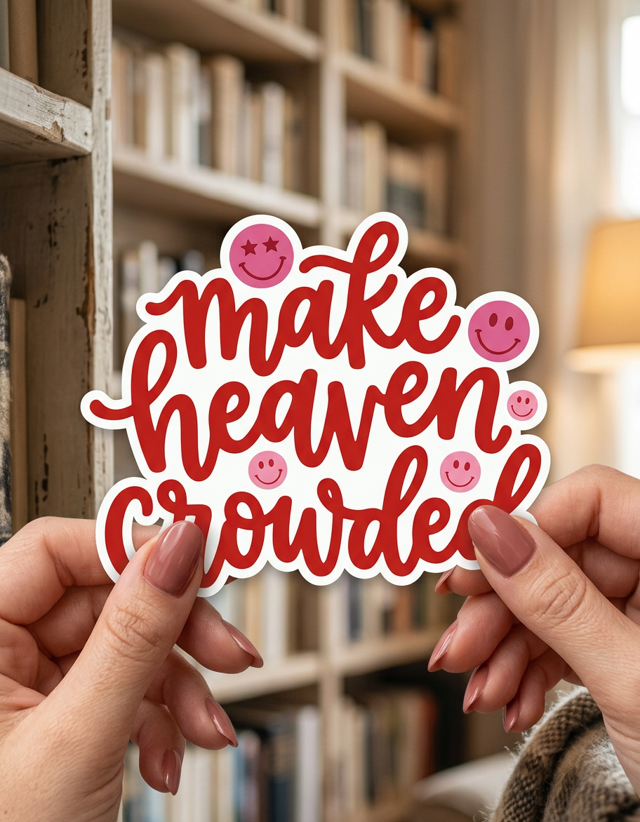 Two hands with mauve-toned nails hold a die-cut sticker that says "make heaven crowded." in red script with pink smiley faces. The sticker is held up against a blurred background of a tall, white bookshelf filled with books.