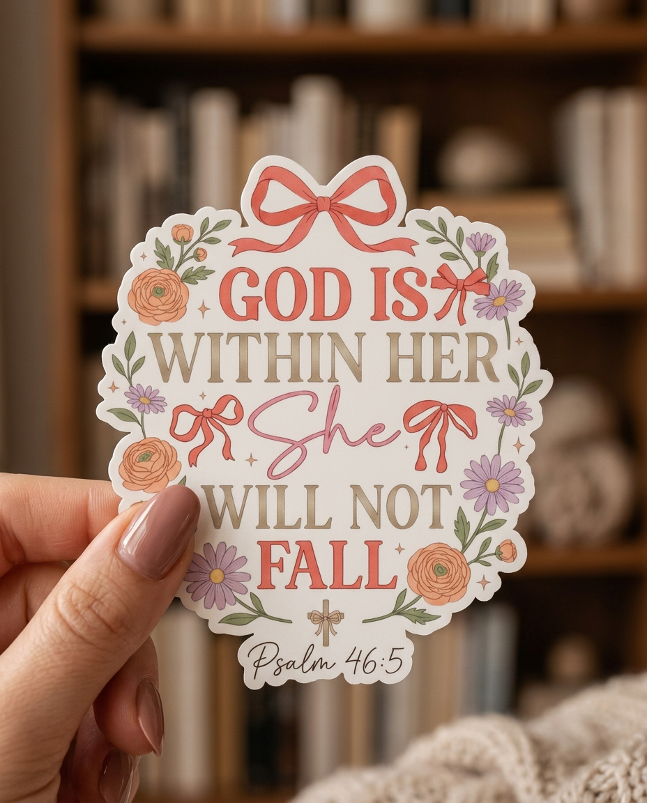 Decorative sticker with text 'God is within her, she will not fall' held by a hand in front of a bookshelf.