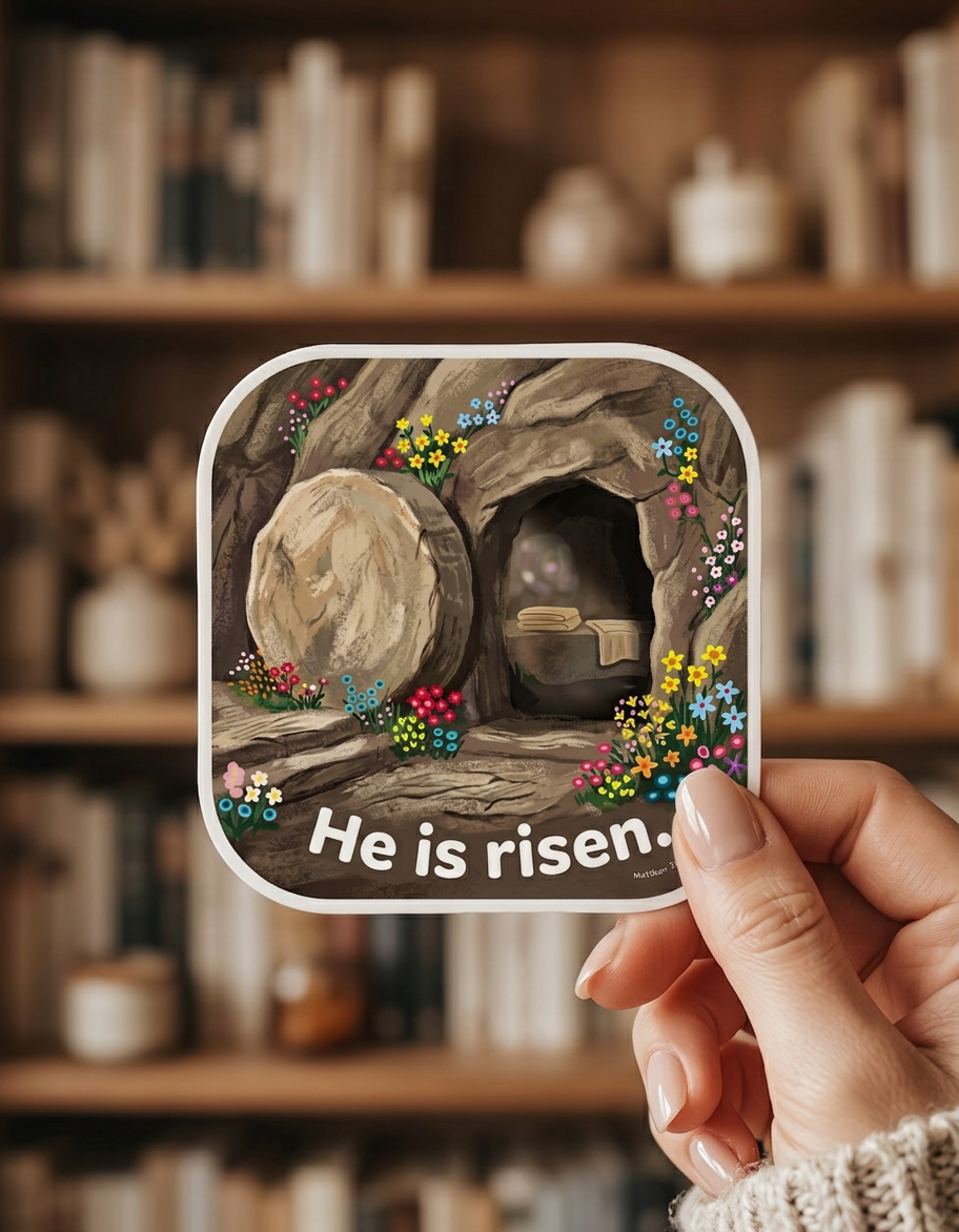 A hand gently holds a square sticker with rounded corners featuring an illustrated empty tomb scene surrounded by colorful flowers. The stone is rolled away from the cave entrance, and inside are folded cloths on a bench. Bold white text at the bottom reads, “He is risen.”
