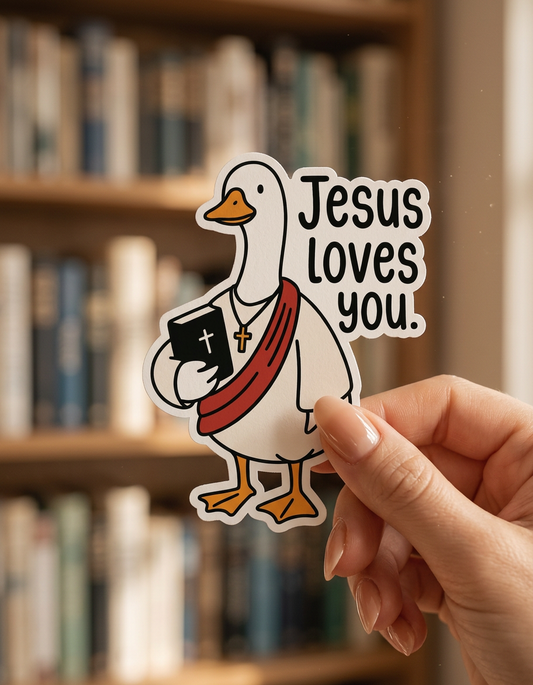 Sticker of a goose holding a book with 'Jesus loves you' text, held by a hand in front of a bookshelf.