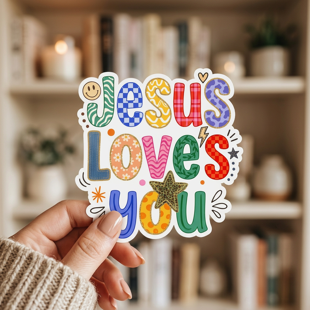 Colorful 'Jesus Loves You' sticker held by a person with a blurred indoor background