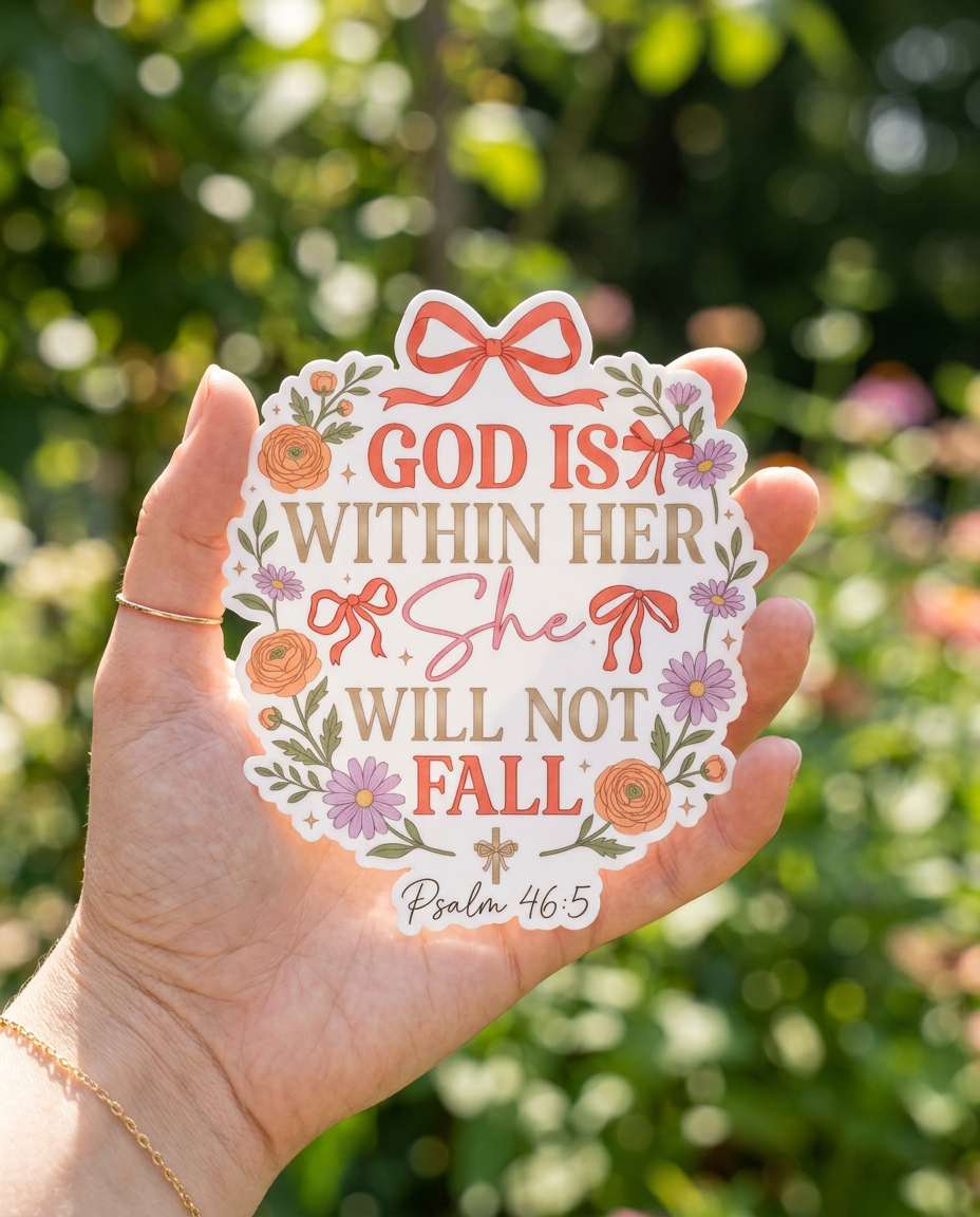 Decorative sticker with 'God is within her, she will not fall' text held in a hand against a blurred green background.