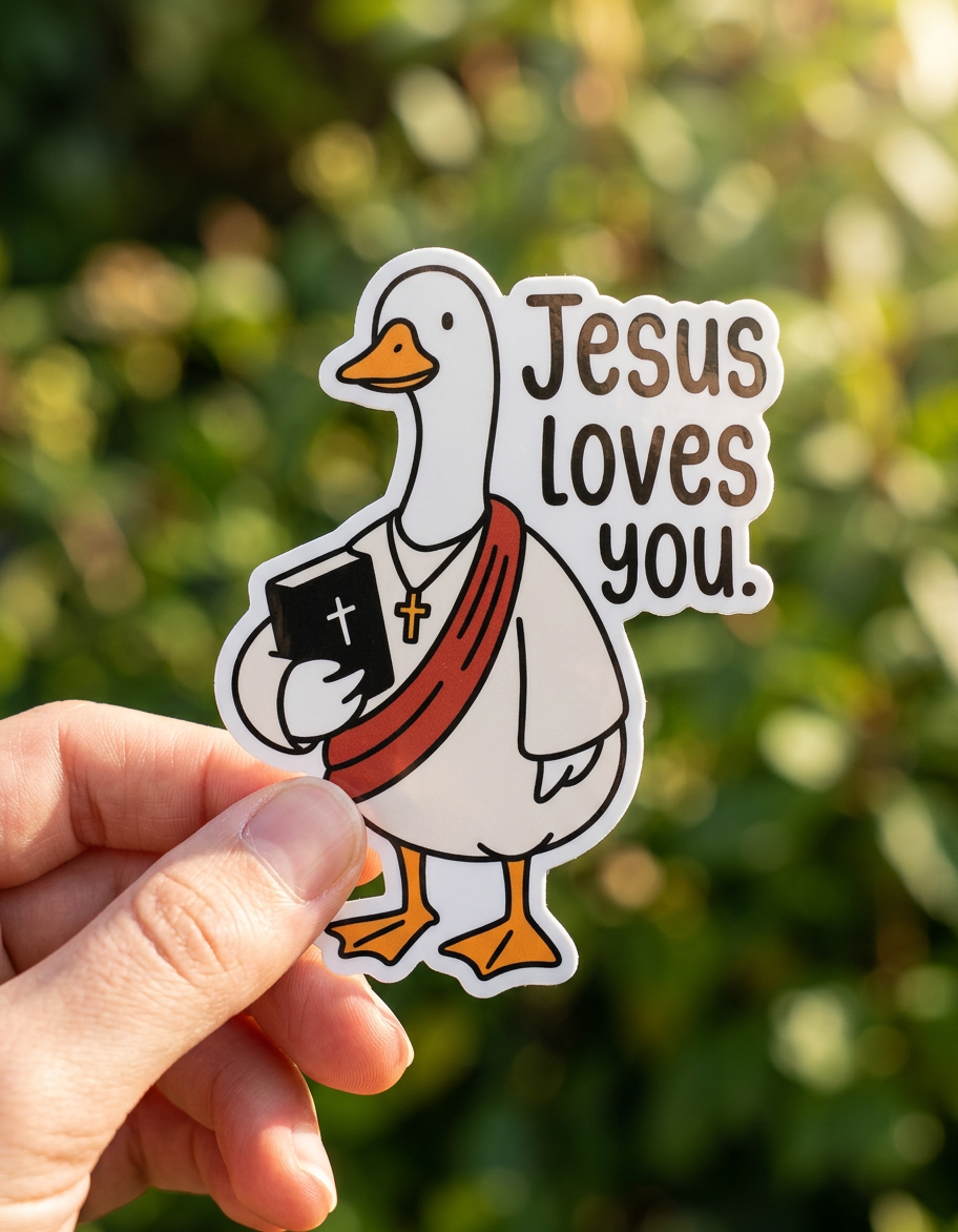 Sticker of a goose holding a cross with 'Jesus loves you' text, held by a hand against a blurred green background.