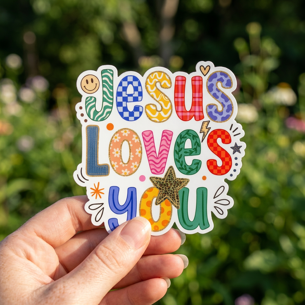 Colorful sticker with 'Jesus Loves You' text held by a hand against a blurred green background