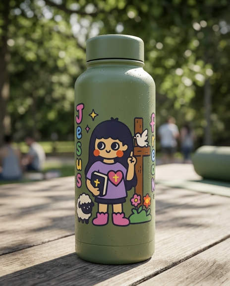 Green water bottle with cartoon character, religious illustrations and 'Jesus freak' text on a wooden surface outdoors.