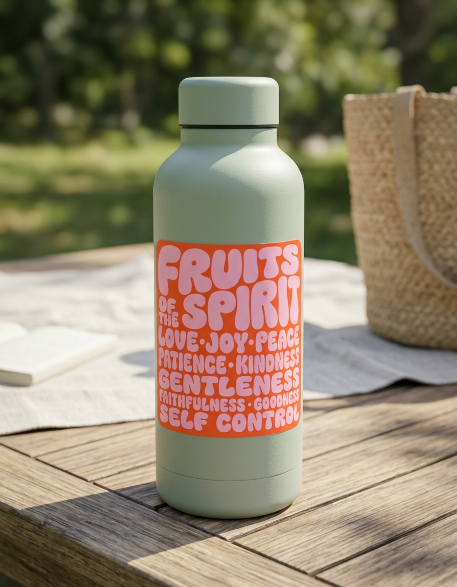 A sage green reusable water bottle sits on a wooden outdoor table, featuring a square orange sticker with pink "Fruits of the Spirit" typography. In the blurred background, a woven tote bag and a white picnic cloth rest under soft, natural sunlight.
