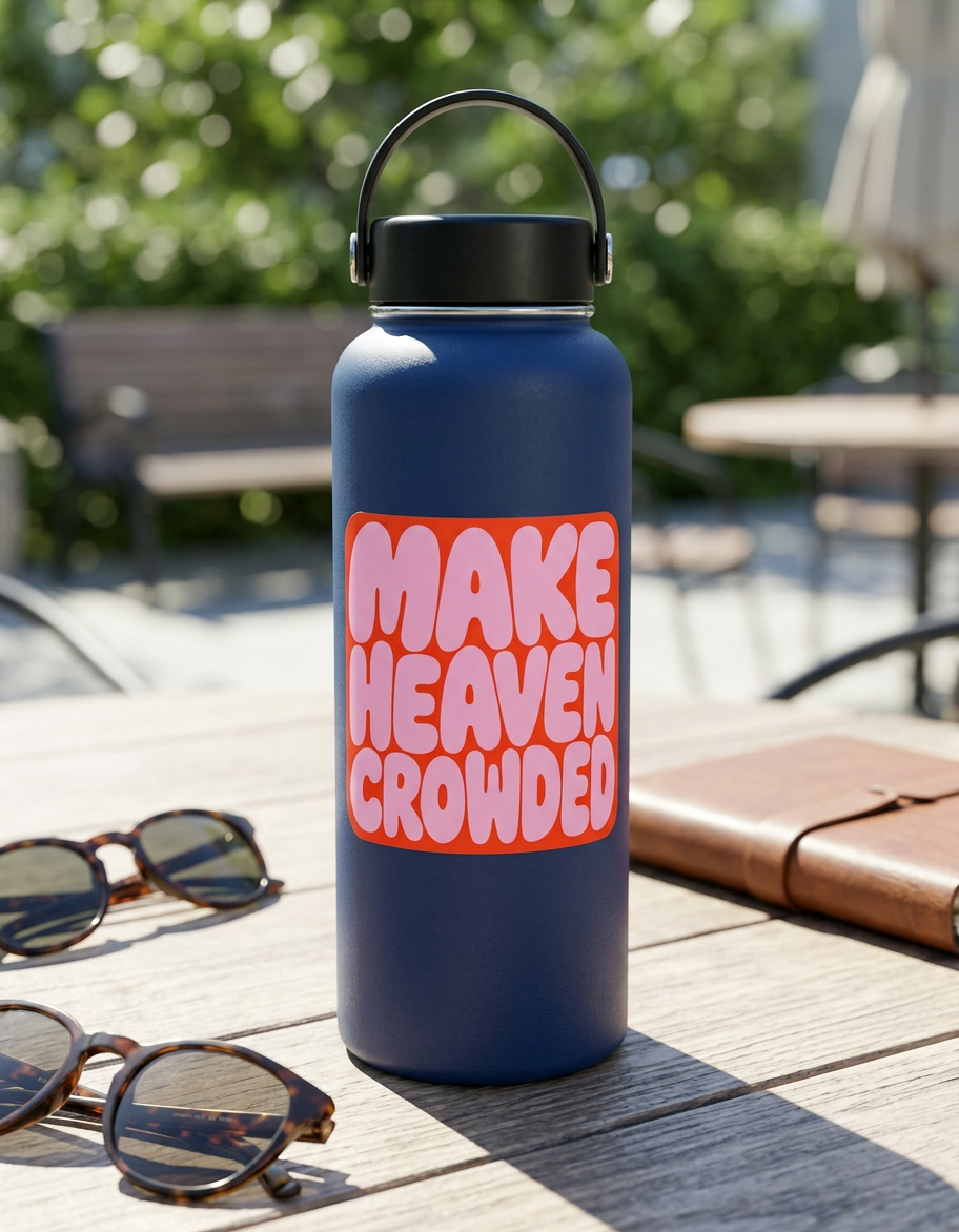 Blue water bottle with 'MAKE HEAVEN CROWDED' sticker on a wooden table outdoors.