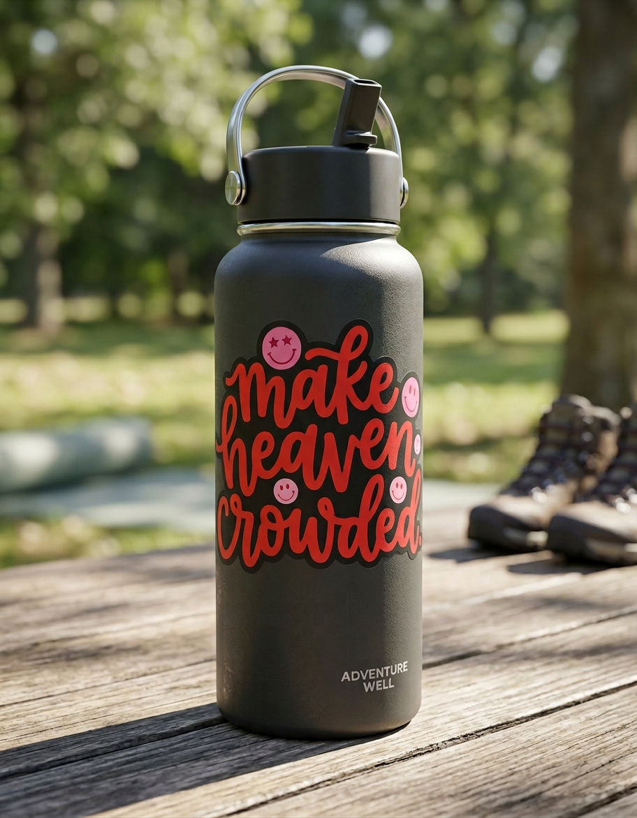 A green reusable water bottle sits on a rustic wooden table, featuring a large die-cut sticker with the red script text "make heaven crowded." and pink smiley faces. In the blurred outdoor background, a pair of hiking boots rests nearby under the soft light of a wooded area.