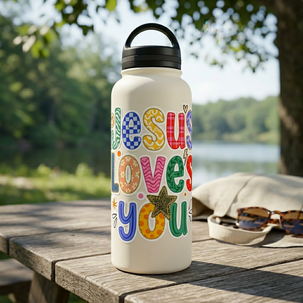 Water bottle with 'Jesus Loves You' sticker on a wooden table outdoors