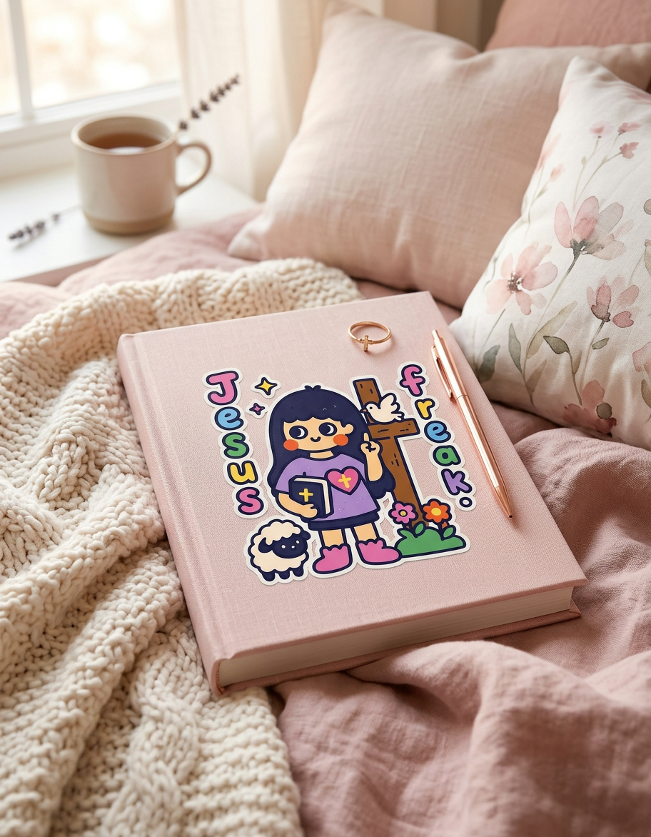 Pink notebook with colorful sticker 'Jesus freak' on a cozy blanket with pillows and a cup in the background