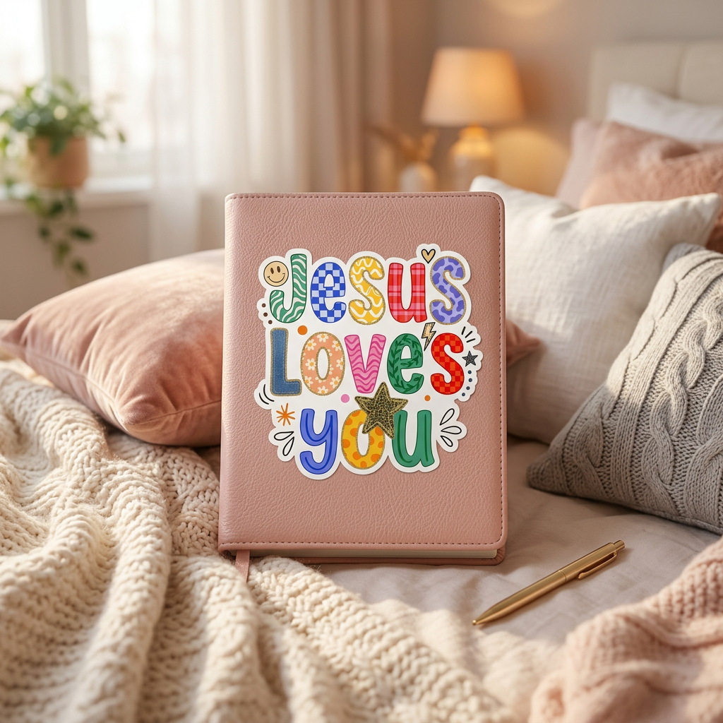Pink notebook with 'Jesus Loves You' sticker on a cozy bed with pillows and blanket.
