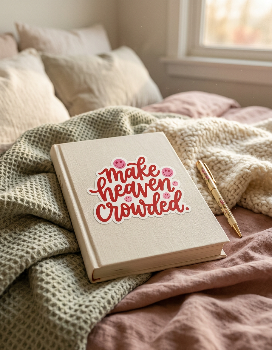 Book with 'make heaven crowded' sticker on a bed with pink and beige bedding.