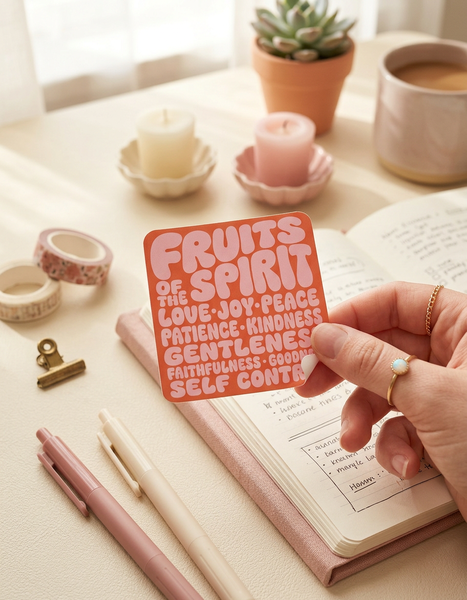 A hand with gold rings peels a square orange sticker featuring pink "Fruits of the Spirit" text over an open journal. The pastel desk setup includes a small succulent, candles, pens, and washi tape in soft pink and cream tones.