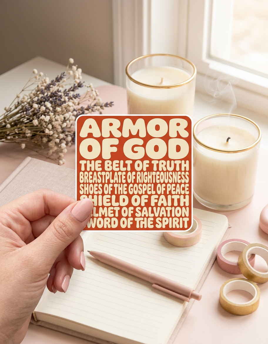 A hand with neutral-toned nails holds a square, rust-colored sticker with cream-colored, bubbly text that reads "ARMOR OF GOD" followed by a list of spiritual armor. The sticker is held over an open notebook on a pastel desk featuring two lit candles, a small bouquet of dried lavender, and several rolls of decorative washi tape.