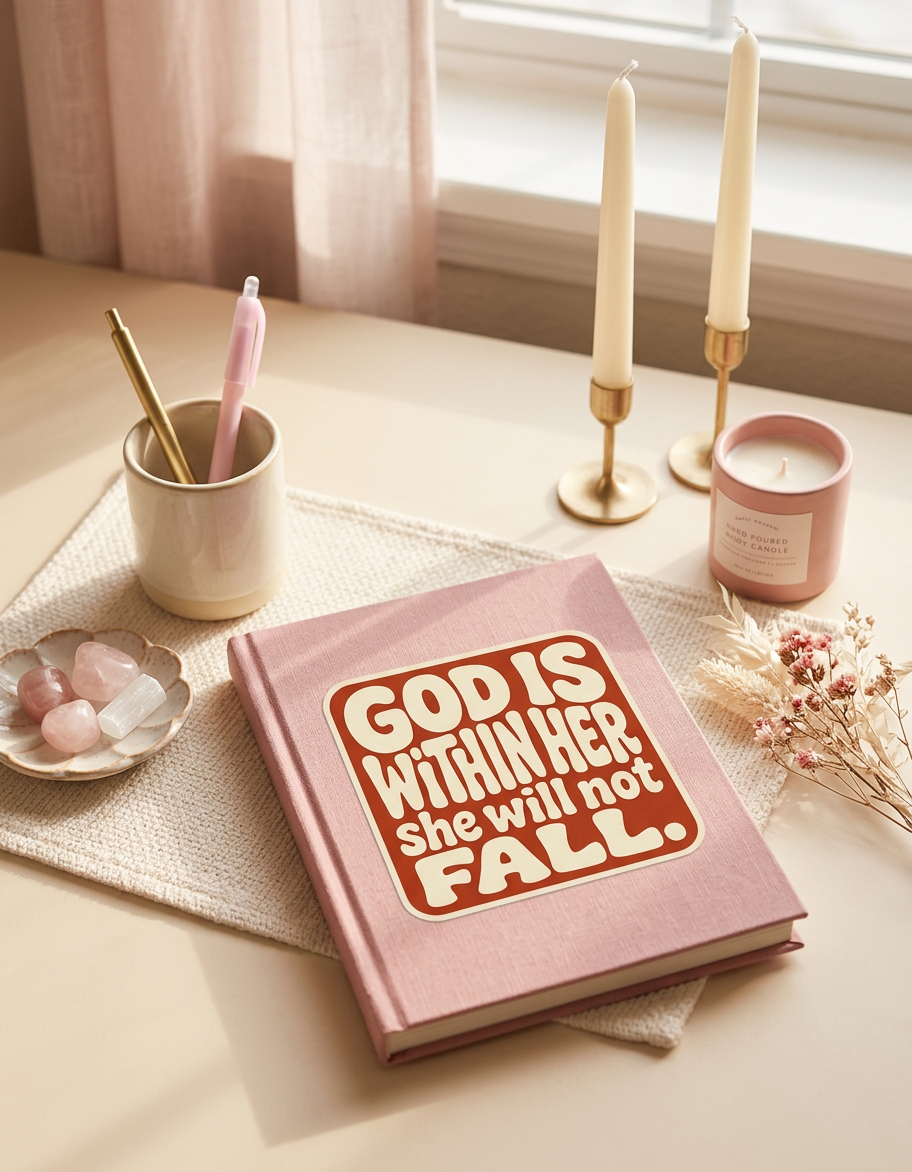 Pink book with 'God is within her, she will not fall' sticker on a table with candles and crystals.