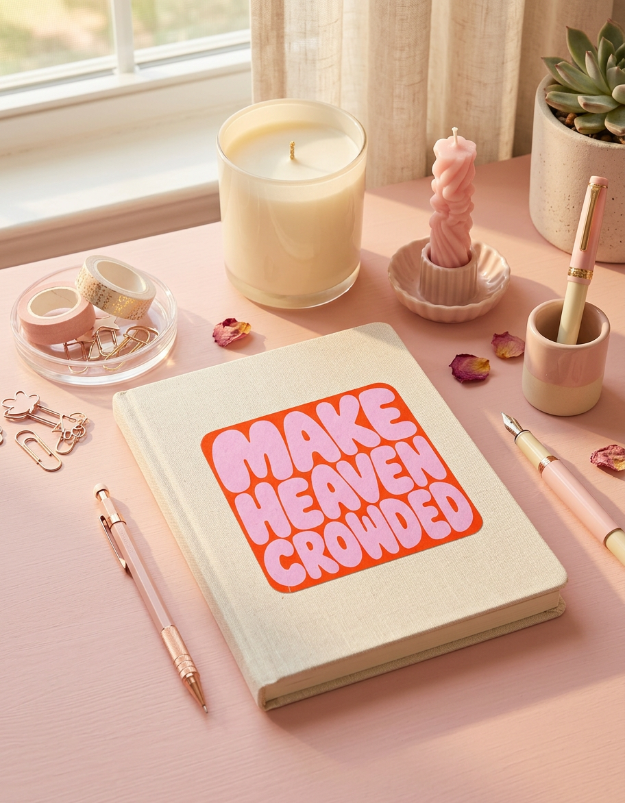 Notebook with 'MAKE HEAVEN CROWDED' sticker on a desk with candles and decor