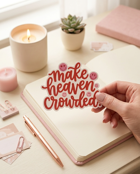 A hand holds a die-cut sticker that reads "make heaven crowded." in red cursive with pink smiley faces over an open notebook. The desk is decorated with a lit candle, a small succulent, a rose gold pen, and pink paperclips, all in a soft, pastel aesthetic.