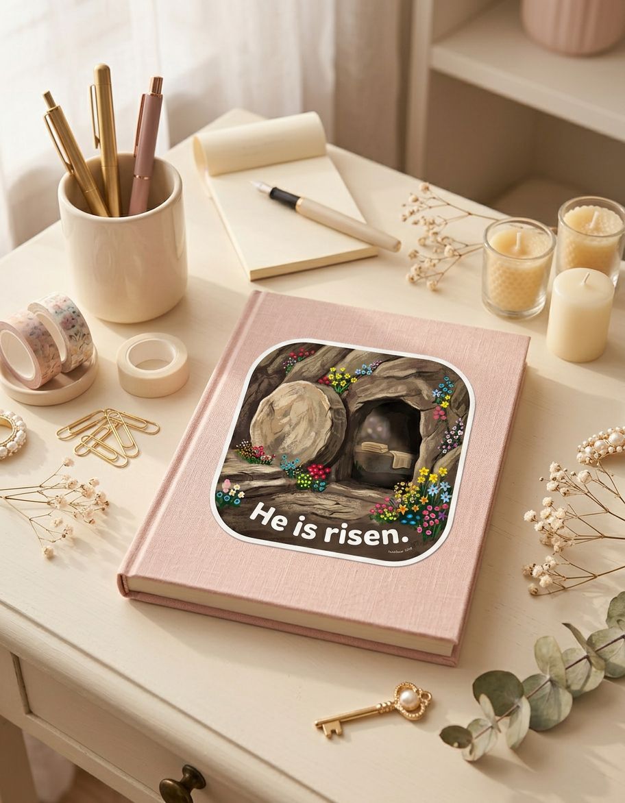 Pink notebook with 'He is risen' sticker on a desk with stationery items