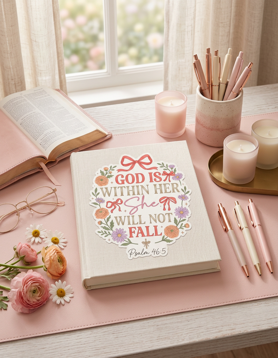 Notebook with floral sticker 'God is within her, she will not fall' on a desk with candles and flowers