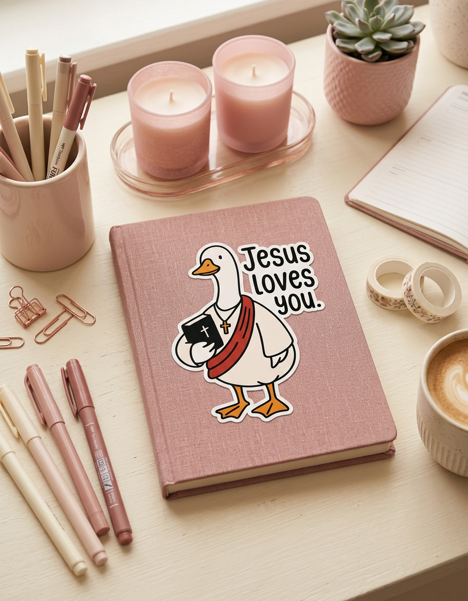 Pink notebook with a silly goose holding a Bible and 'Jesus Loves You' text, surrounded by stationery items on a desk.