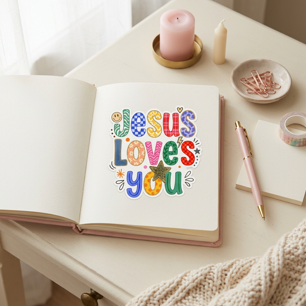 Open notebook with 'Jesus Loves You' sticker in colorful letters on a table with candles and stationery.