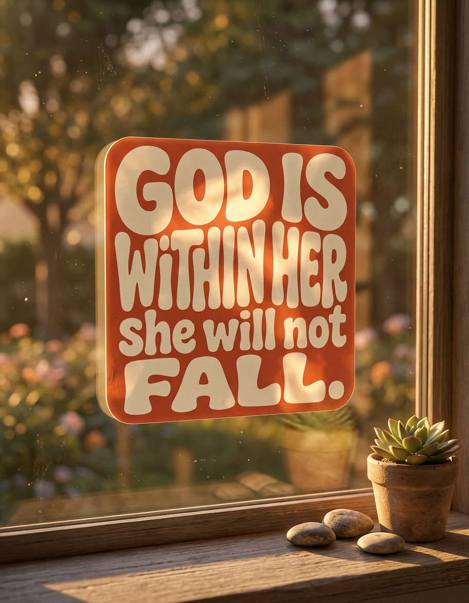 Decorative sign with motivational sticker 'God is within her, she will not fall' on a window sill with plants and stones.
