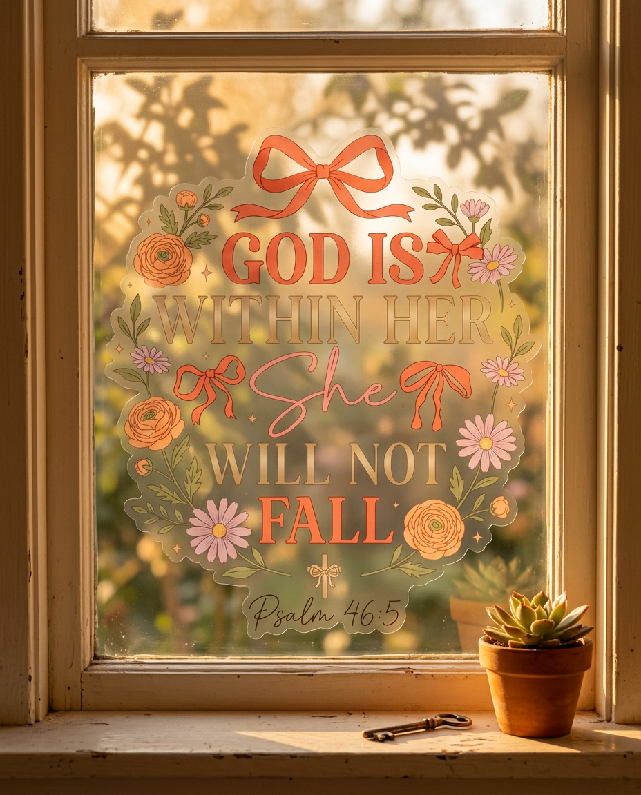 Decorative window with 'God is within her, she will not fall' text and flowers, with a potted plant on a windowsill.