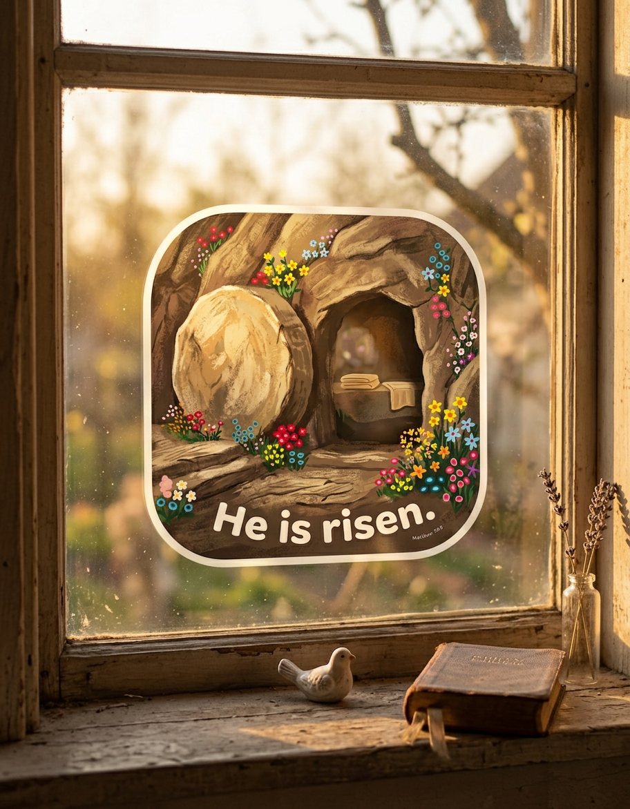 Decorative window with a scene of a tomb and 'He is risen' text, surrounded by flowers and a bird on a windowsill.
