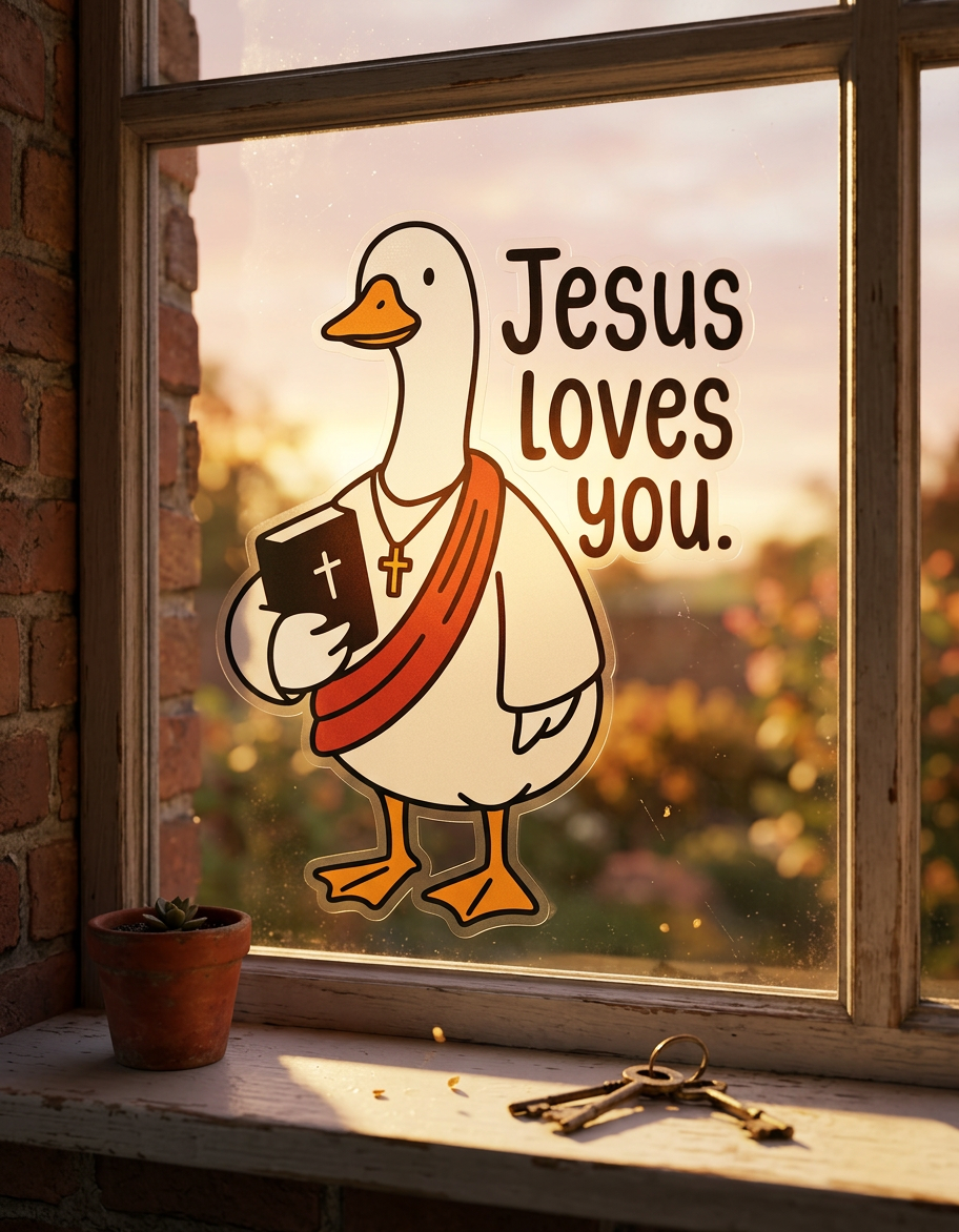 Silly goose holding a Bible with 'Jesus loves you' text on a window