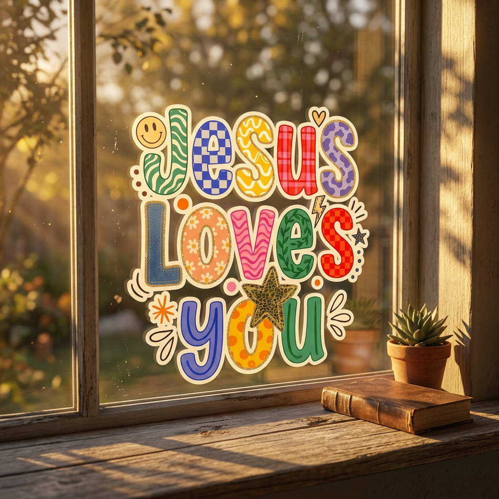 Colorful 'Jesus Loves You' sticker on a window with a blurred outdoor background
