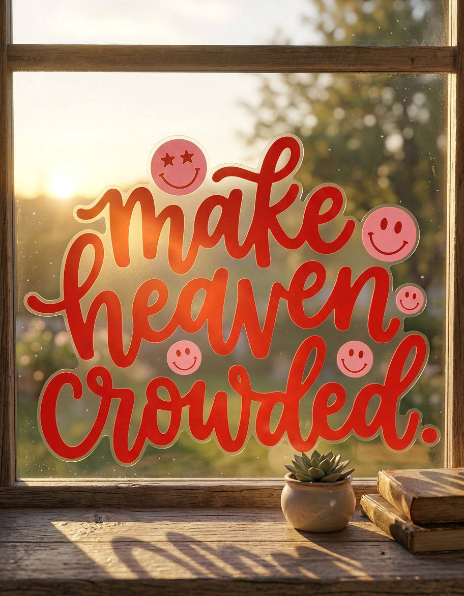 Decorative window decal with 'make heaven crowded' text and smiley faces on a sunlit window.