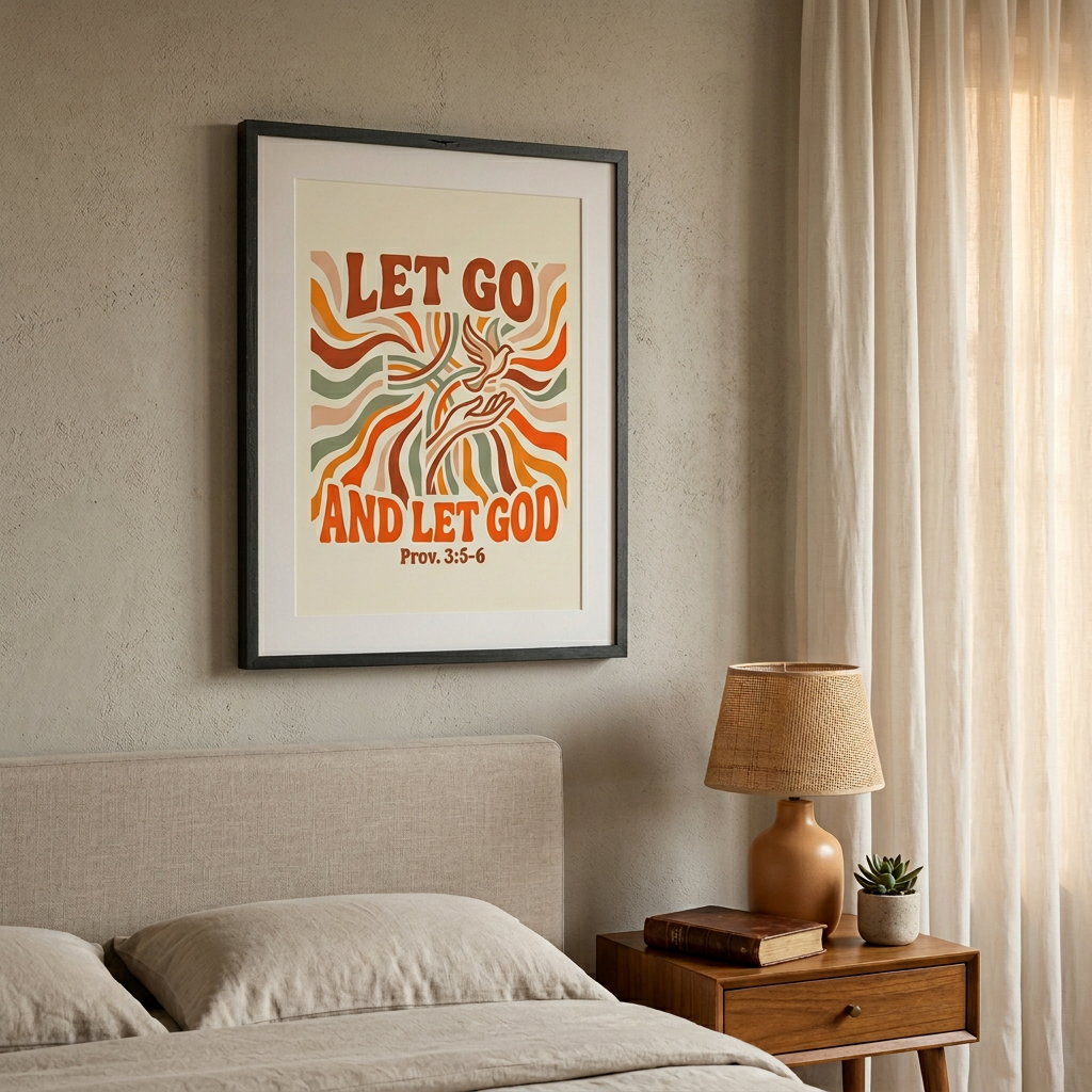 Framed artwork with 'Let Go and Let God' quote above a bed in a bedroom.