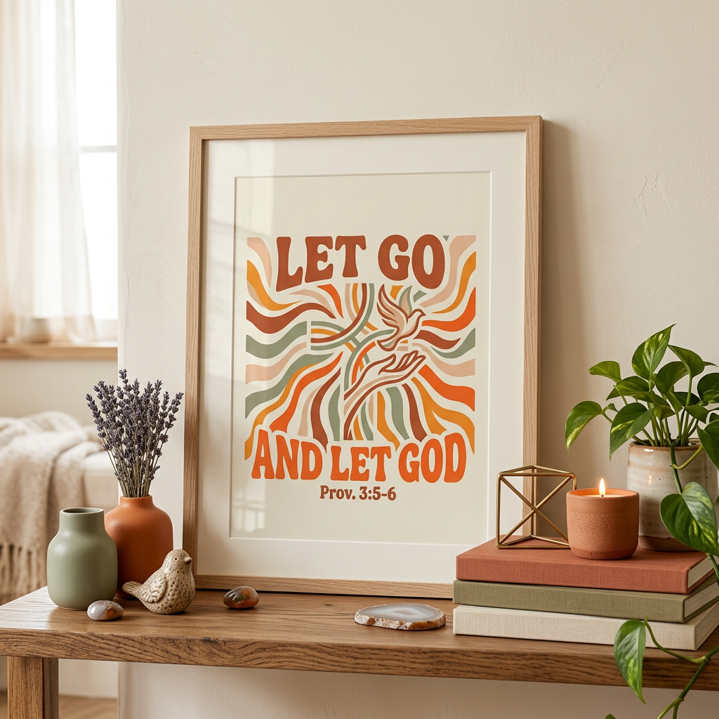 Framed poster with 'Let Go and Let God' quote on a wooden table with decorative items.
