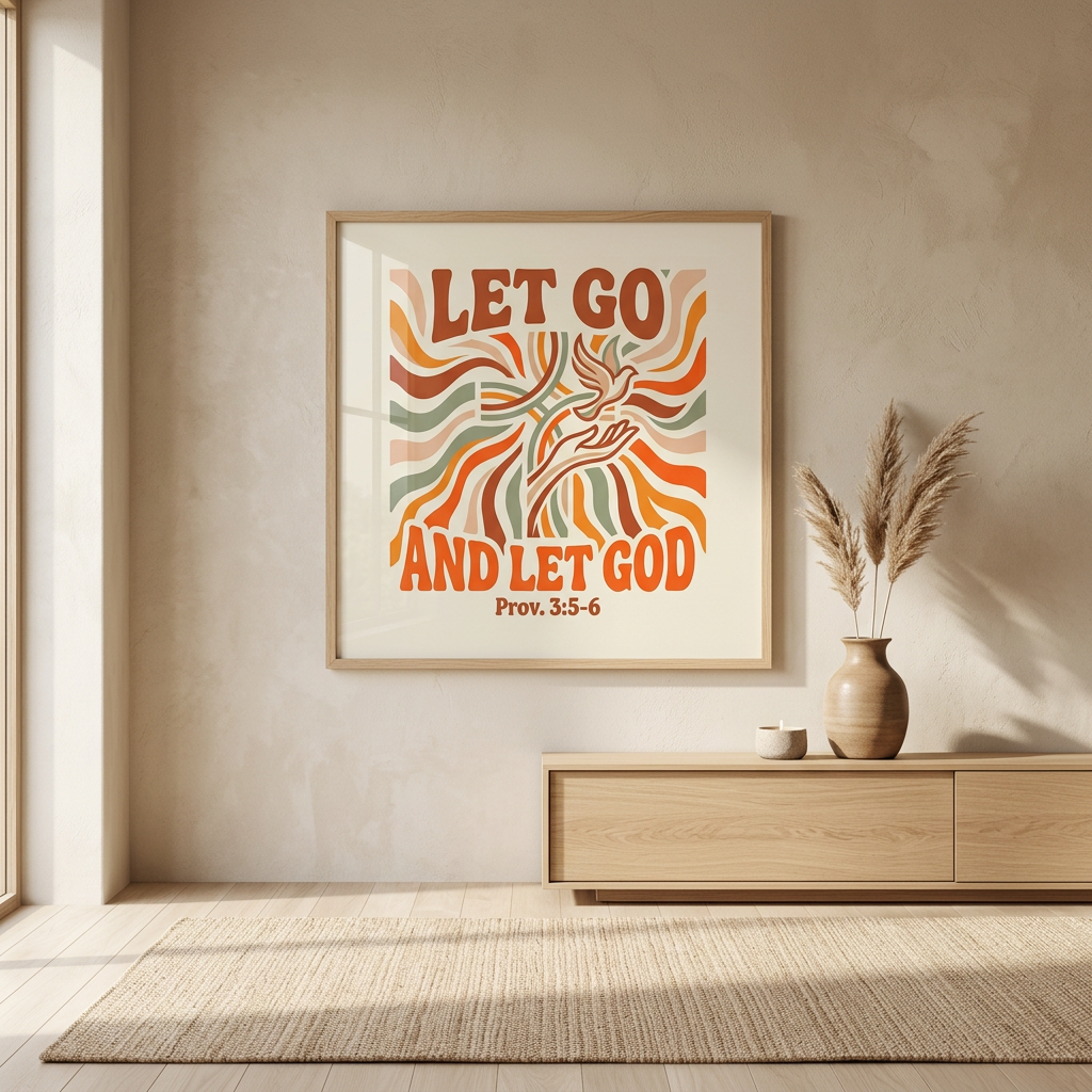 Framed artwork with 'Let Go and Let God' quote on a wall in a room with a wooden cabinet and vase.