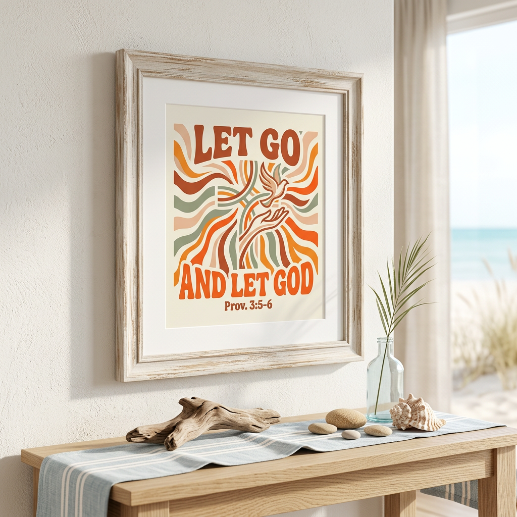 Framed artwork with 'Let Go and Let God' quote on a wall above a wooden bench.