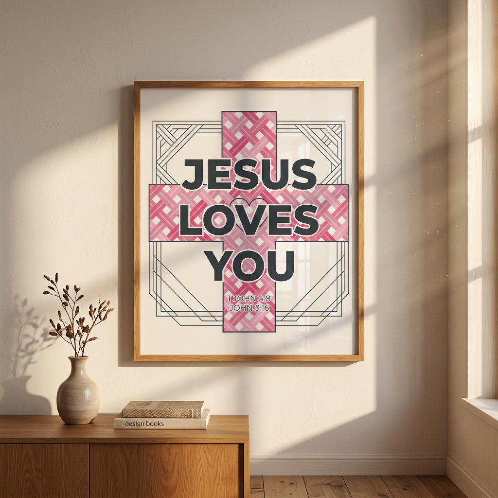 Framed poster with 'Jesus Loves You' text on a wall in a bright room.
