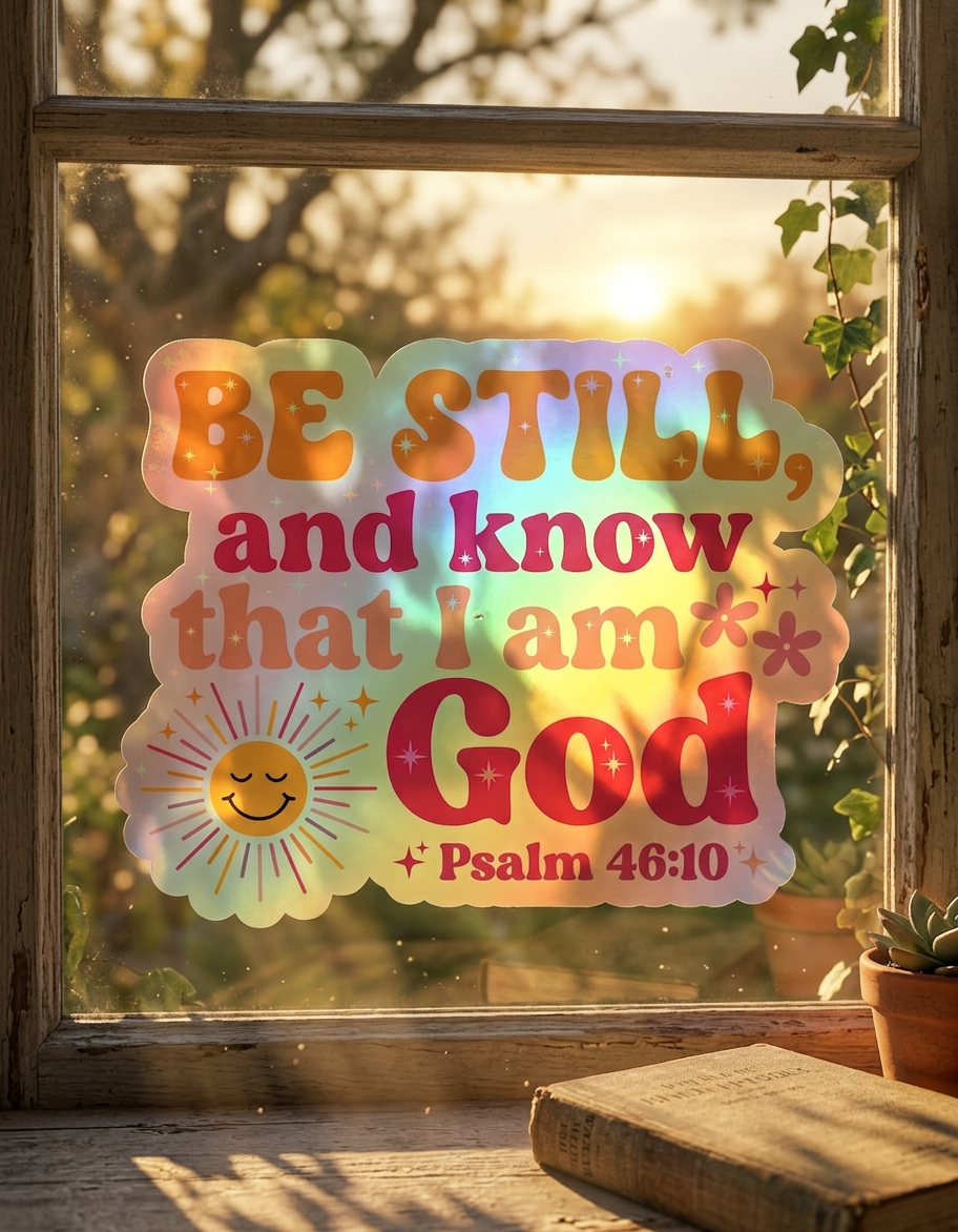 Decorative window sticker with 'Be Still and Know That I Am God' text and Psalm 46:10, placed on a window with a sunset view.