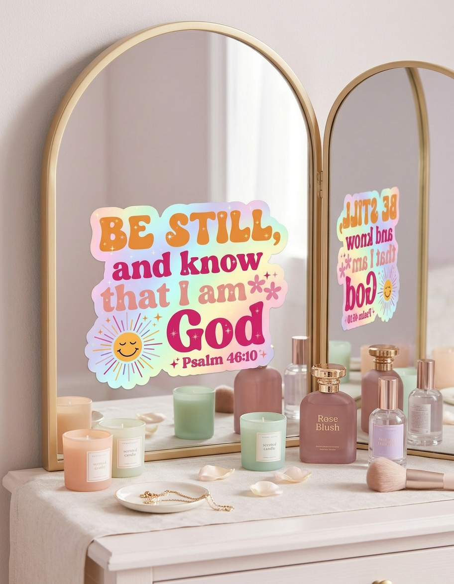 A colorful retro-style sticker is attached to a vanity mirror. The sticker features pastel rainbow tones and bold text that reads, “BE STILL, and know that I am God” with “Psalm 46:10” at the bottom. Decorative flowers, sparkles, and a smiling sun surround the lettering. The mirror sits on a vanity with candles, perfume bottles, rose petals, and beauty items.