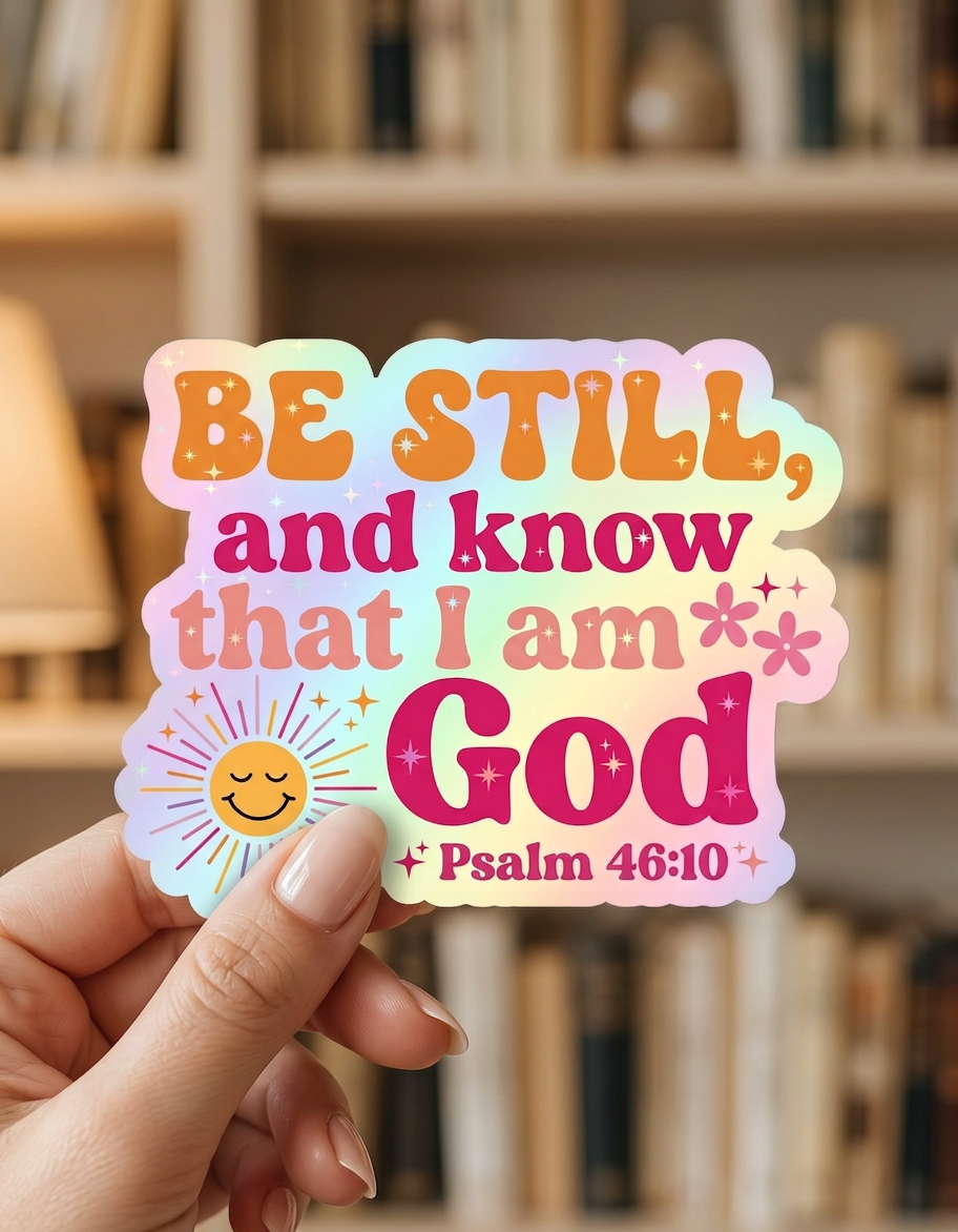A hand gently holds a colorful retro-style sticker with scalloped edges in front of a blurred bookshelf background. The sticker features pastel rainbow tones and bold text that reads, “BE STILL, and know that I am God,” with “Psalm 46:10” at the bottom. Decorative sparkles, flowers, and a smiling sun accent the design.