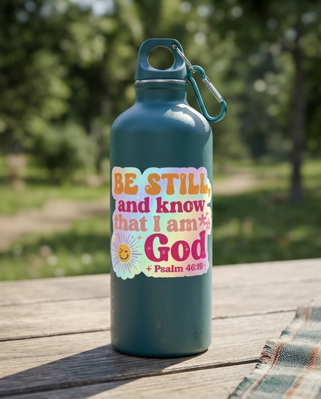 A reusable blue water bottle sits on a wooden table outdoors with a colorful retro-style sticker adhered to the front. The sticker features pastel rainbow tones and bold text that reads, “BE STILL, and know that I am God,” with “Psalm 46:10” at the bottom. Decorative sparkles and a smiling sun accent the design, with blurred greenery in the background.