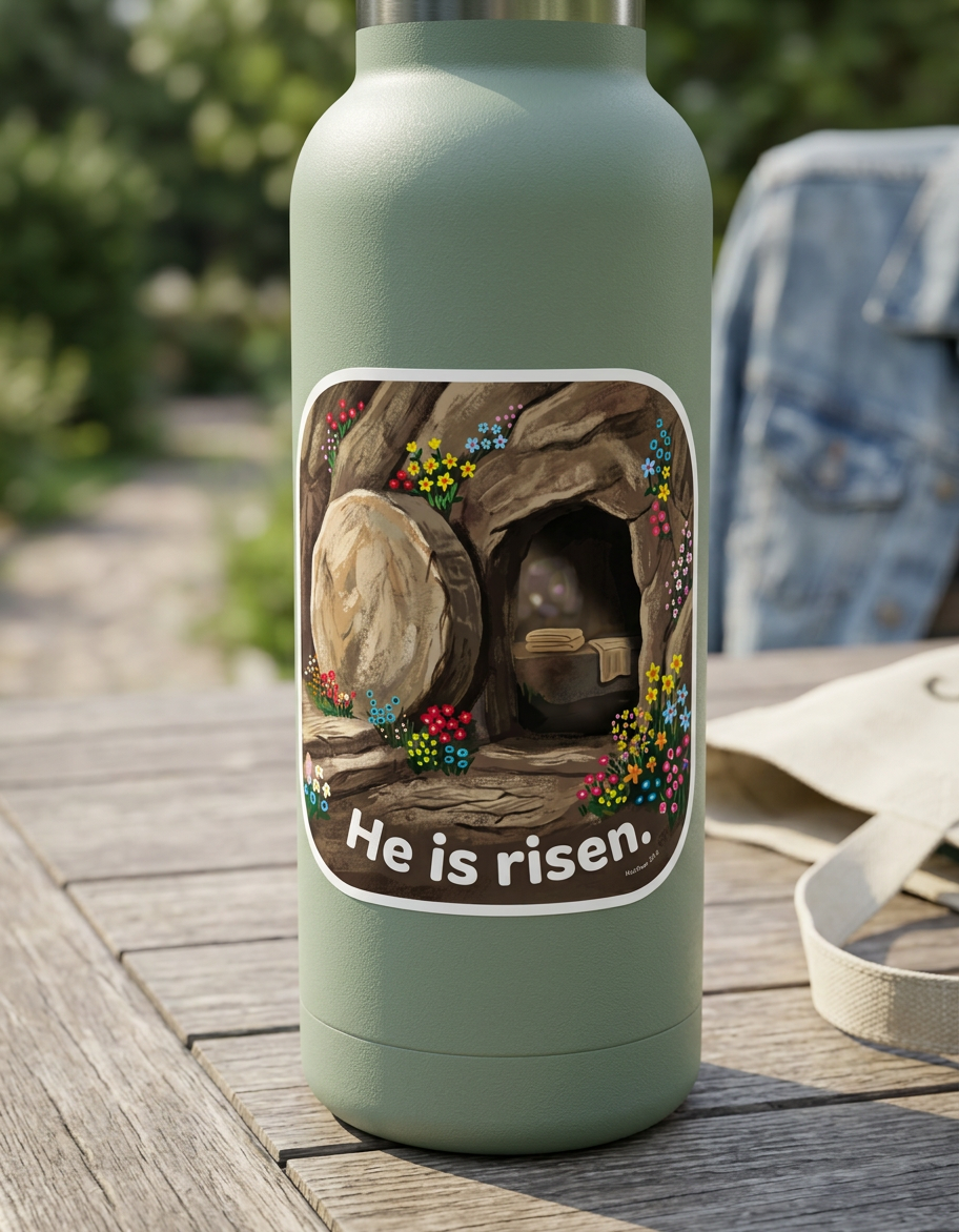 Green water bottle with a 'He is risen.' sticker on a wooden surface outdoors.