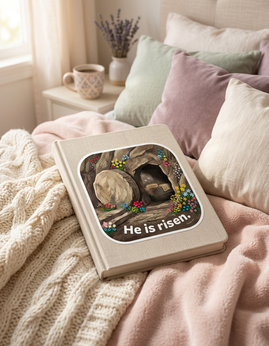 Book with 'He is risen.' sticker on a bed with pillows and a blanket