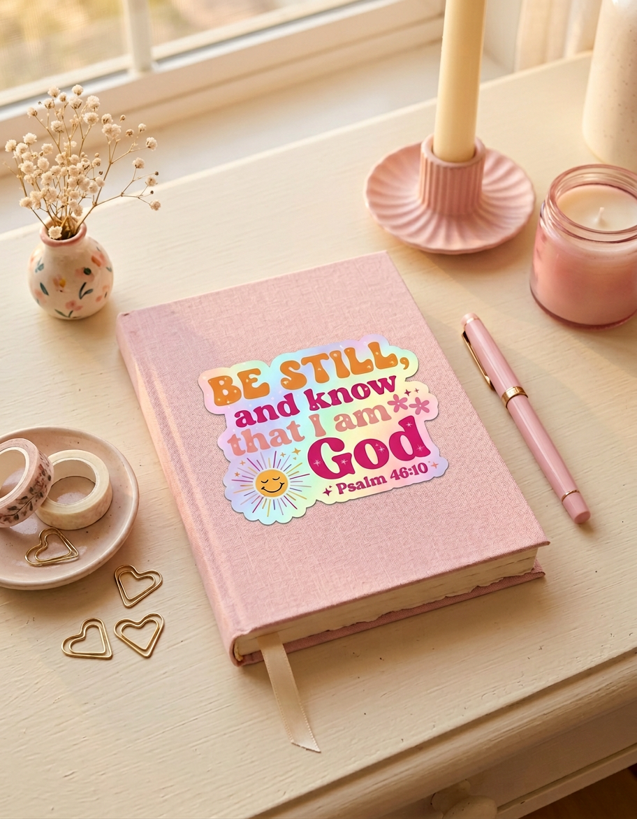 A pastel desk setup features a pink cloth-covered journal with a colorful retro-style sticker on the cover. The sticker reads, “BE STILL, and know that I am God,” with “Psalm 46:10” at the bottom, surrounded by sparkles and a smiling sun. The desk also includes a pink pen, candle, vase of dried flowers, washi tape, and heart-shaped paper clips near a sunlit window.