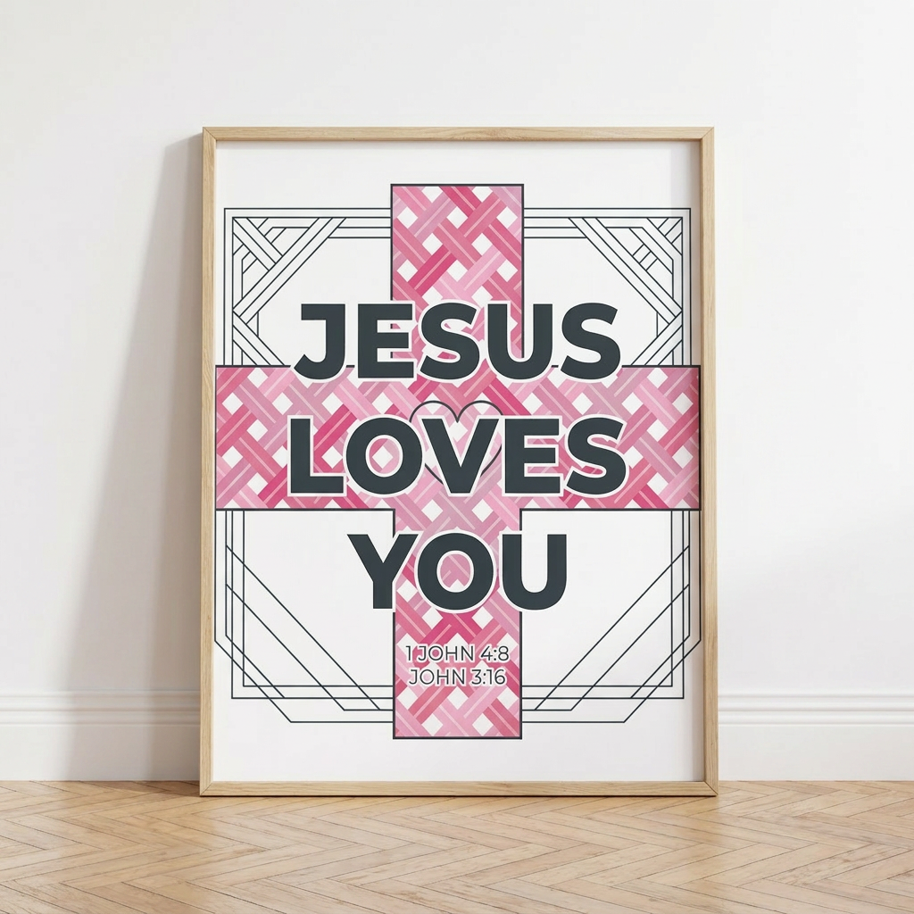 Framed poster with 'Jesus Loves You' text on a pink cross design.