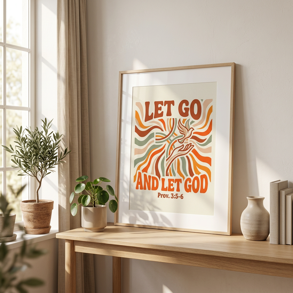 Framed poster with 'Let Go and Let God' quote on a wall above a wooden shelf with plants and books.