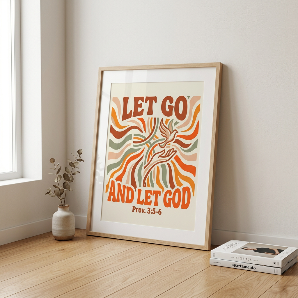 Framed poster with 'Let Go and Let God' quote on a wall in a room with a vase and books.