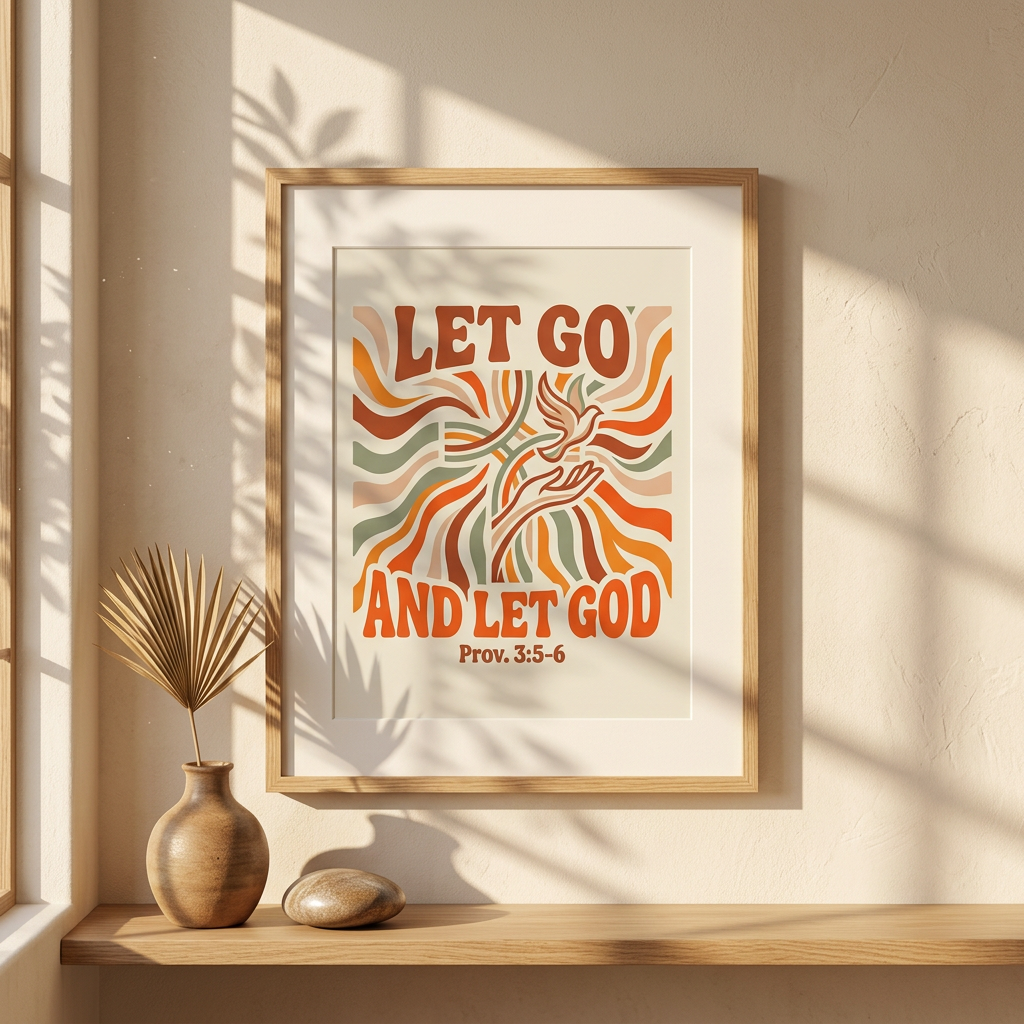 Framed poster with 'Let Go and Let God' quote on a wall with natural light