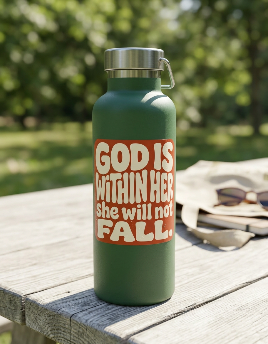 Green water bottle with motivational 'God is within her, she will not fall' sticker on a wooden table outdoors