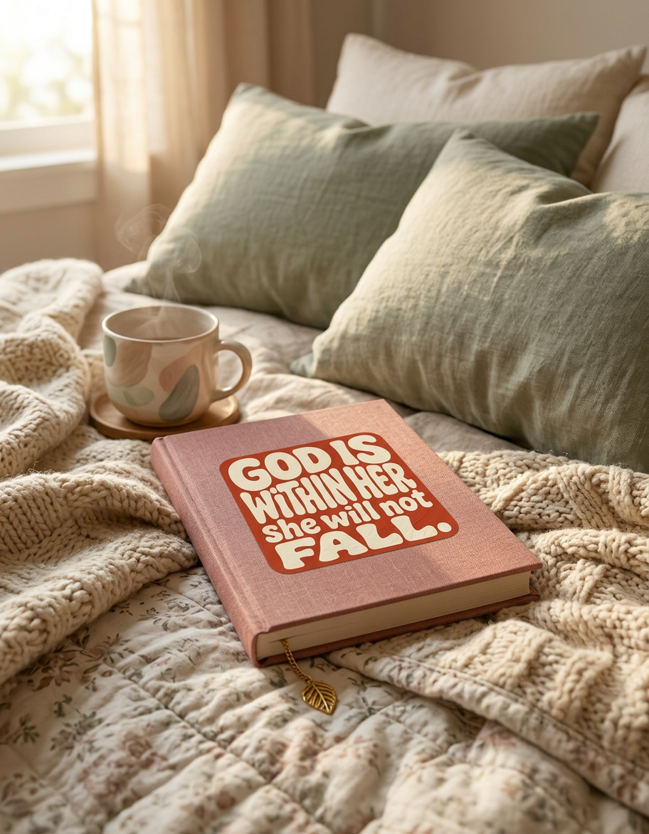 Book with 'God is within her, she will not fall' sticker on a bed with pillows and a mug.